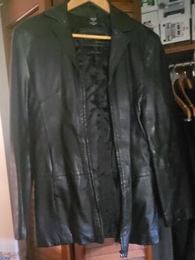 Nicole Miller Black Leather Open-Front Blazer Jacket
